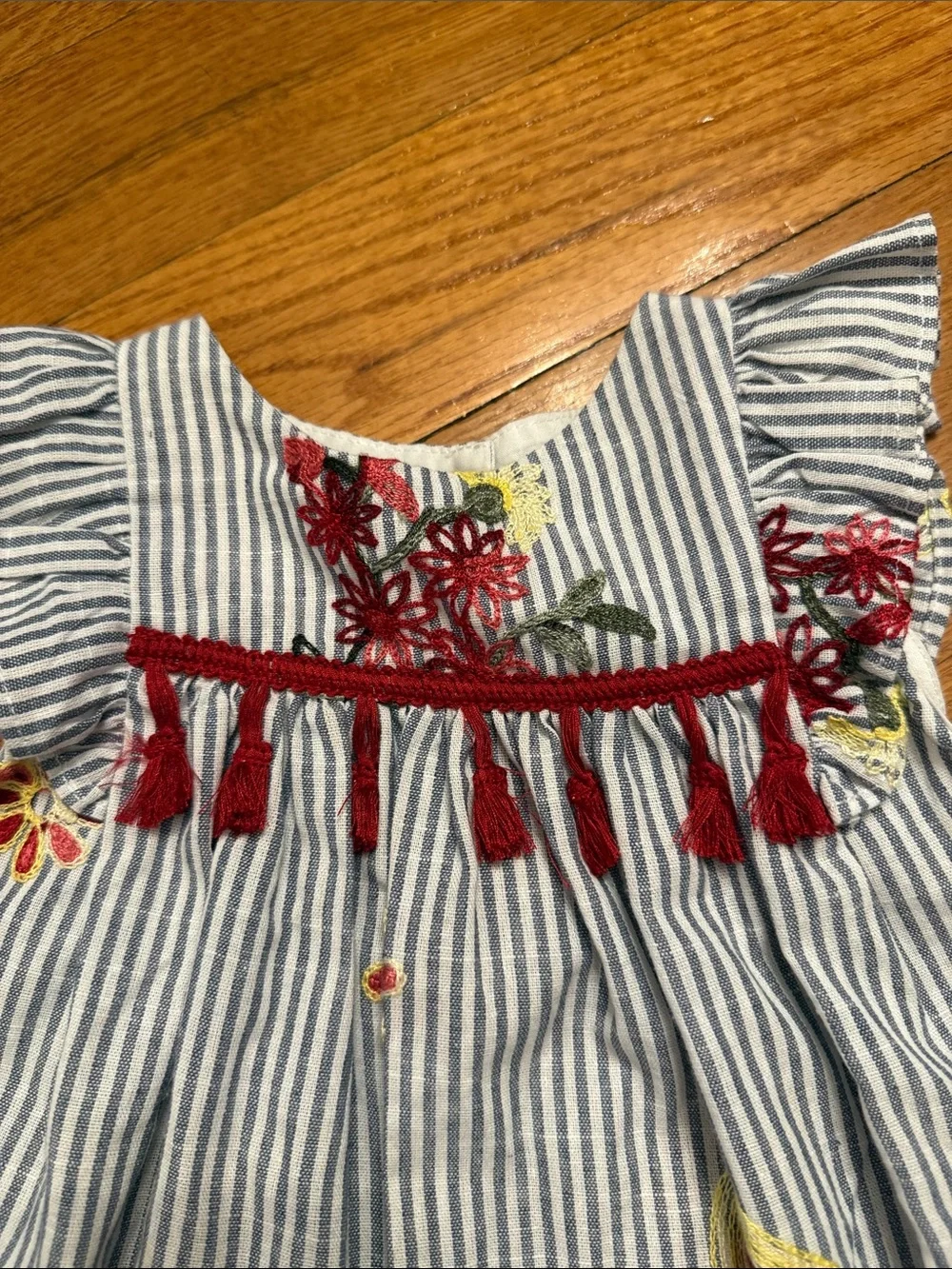 Pippa & Julie Blue and White Striped Embroidered Tassel Dress 24m floral tassels
